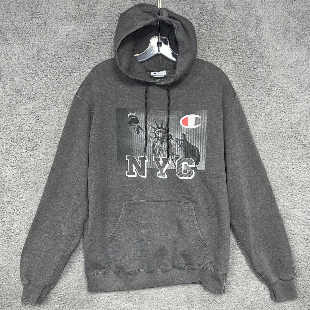 Champion Men's Sz L Gray NYC Hoodie Pullover Sweatshirt Charcoal Heather *Flaw*